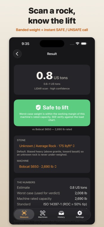 A boulder's weight range with a green safe-to-lift verdict