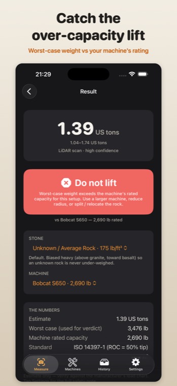 A red do-not-lift verdict for a rock heavier than the machine's rating