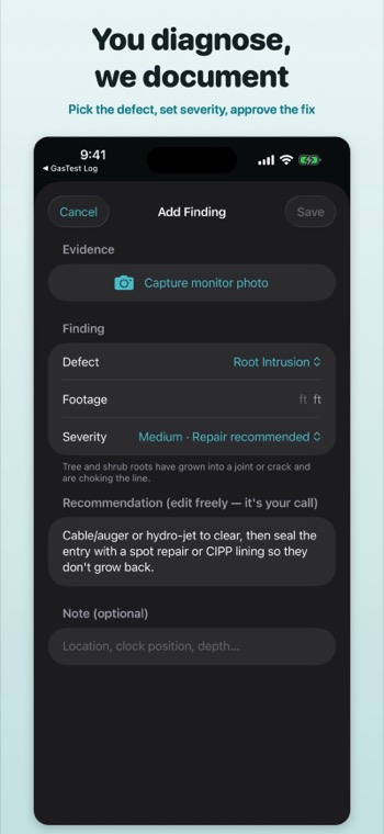 Adding a finding: defect, footage, severity and recommendation