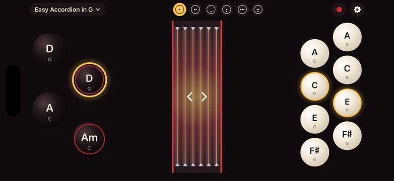 The Easy Accordion in G with a chord and two melody keys held, bellows glowing
