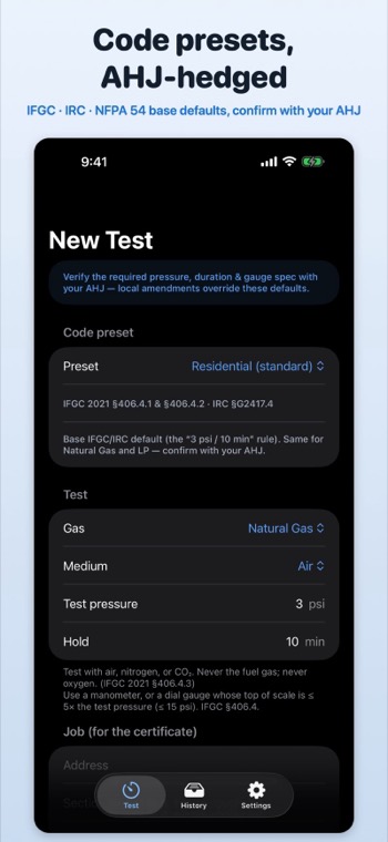 New test screen with code presets and the AHJ warning