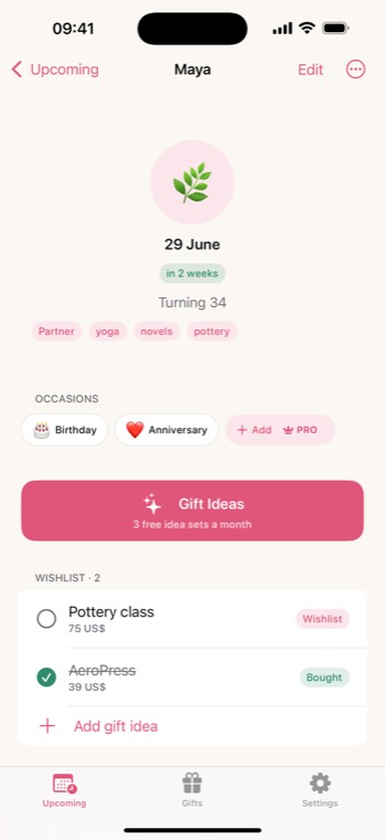 A person's page with occasions and wishlist
