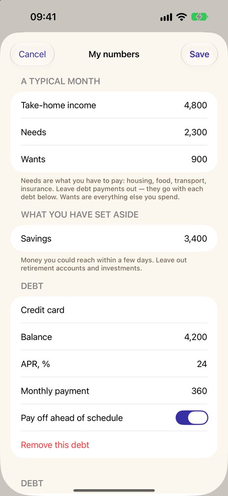 My numbers: a typical month, savings and debts