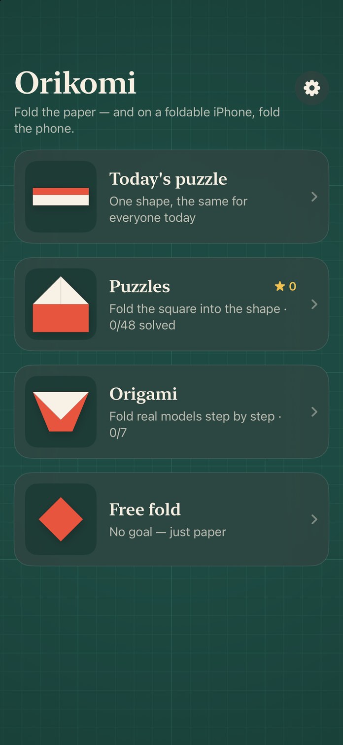 The home screen with today's puzzle, puzzles, origami models and free fold