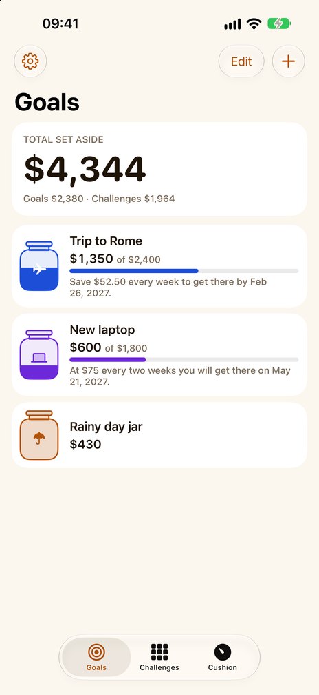 The list of goals in Pennyjar: a jar for each, what is saved, and the plan in a sentence