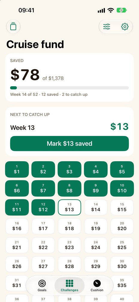 The 52-week challenge in Pennyjar: the total saved, the next week to mark and a grid of weeks