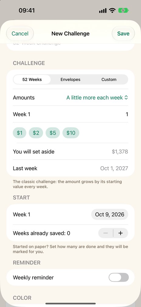 A new challenge: type, amounts, the date of week 1 and the reminder