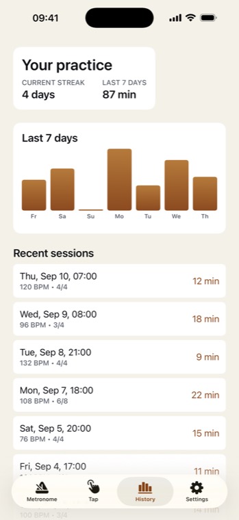 Practice history: streak and minutes