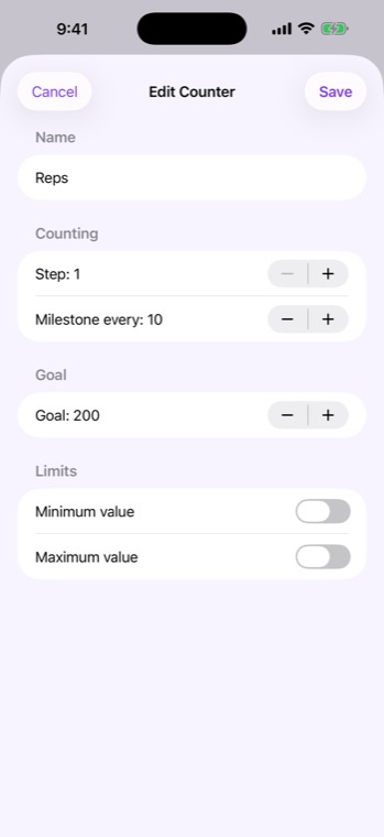 Editing a counter: step, milestone and goal