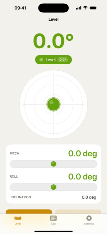 The level: a green bubble and pitch and roll at 0.0°