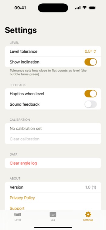 Settings: level tolerance, haptics and calibration